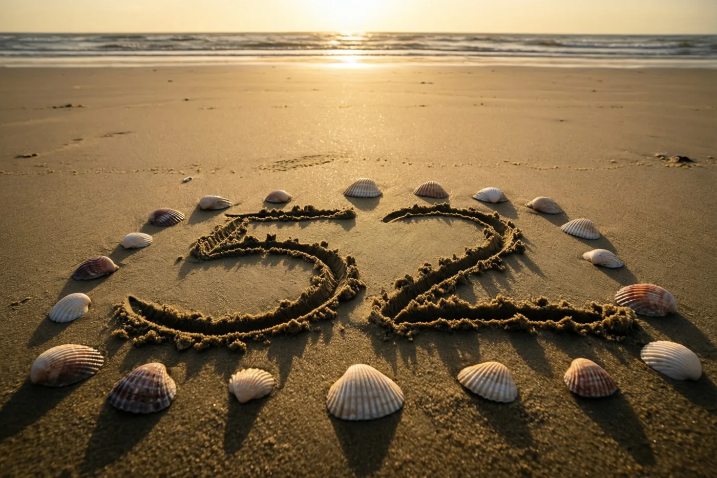 Het getal 52 staat in het strandzand tussen schelpen, met de zee op de achtergrond in goudkleurig zonsonderganglicht.