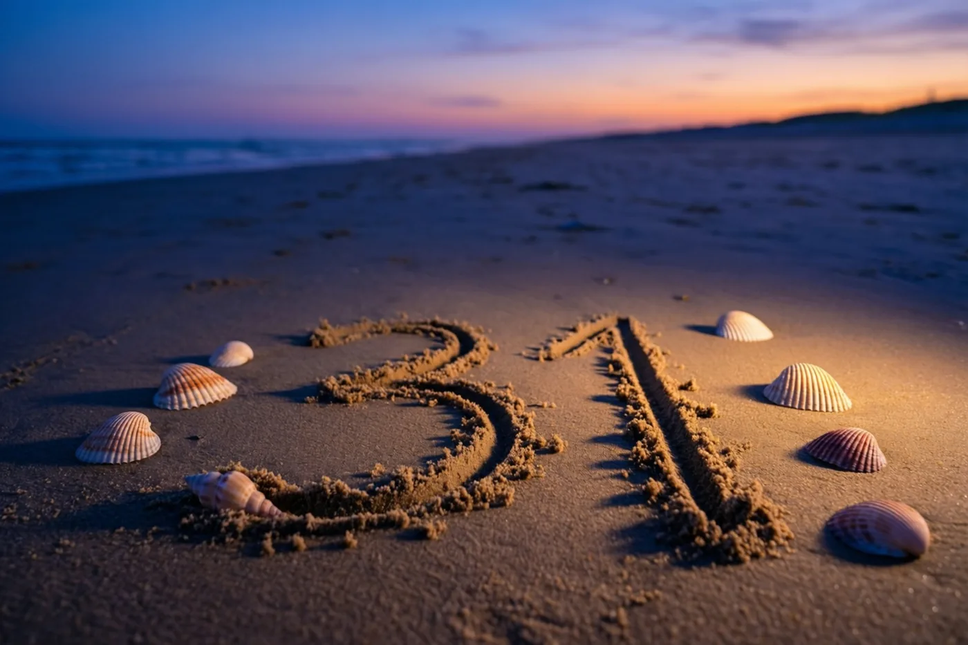 Het getal 31 is in het strandzand getekend tussen schelpen bij zonsondergang onder een blauw-oranje lucht.