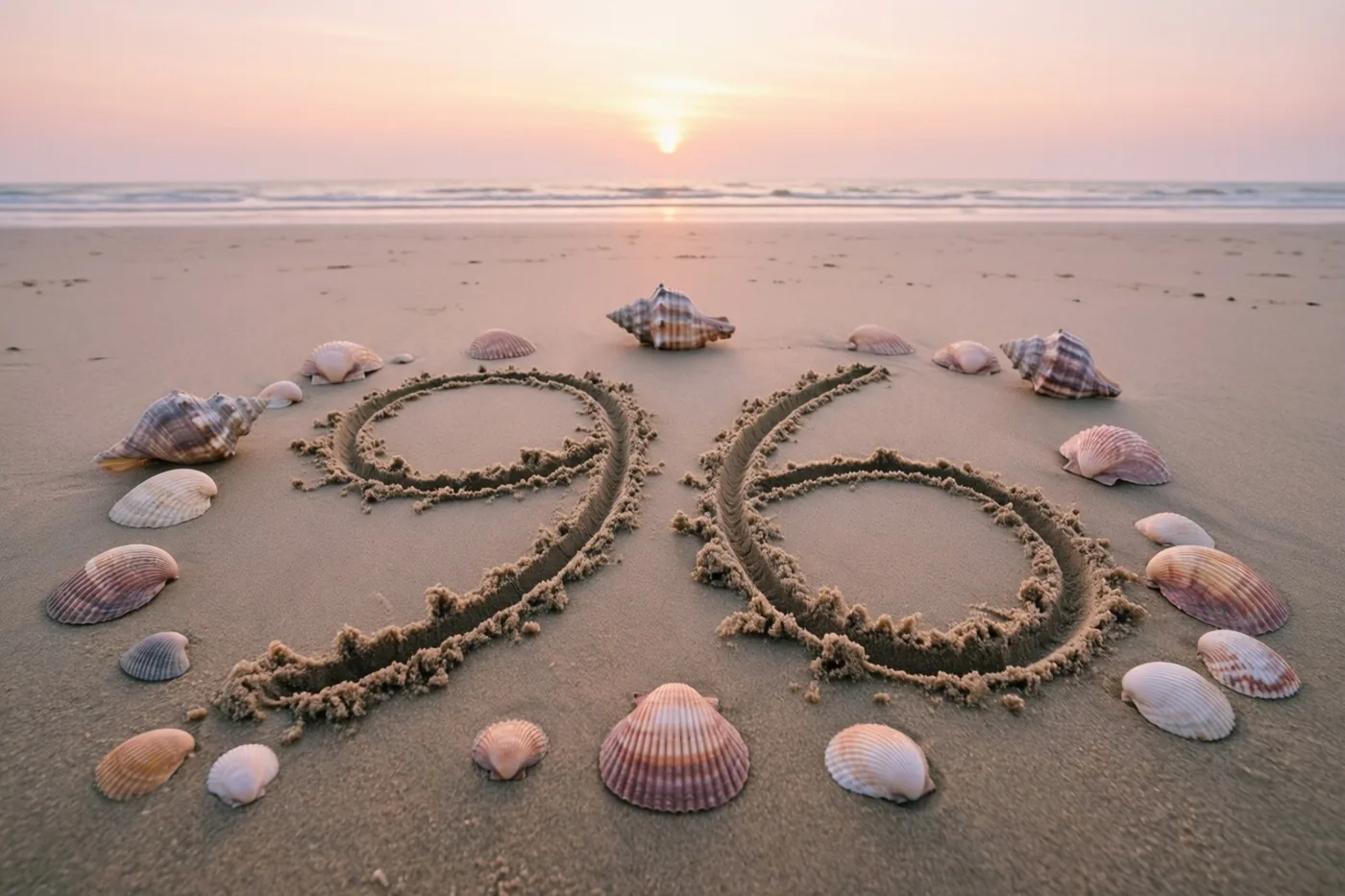 Het getal 96 is in het zand van een strand getekend met schelpen eromheen, onder een zonsondergang in warme roze en oranje tinten.