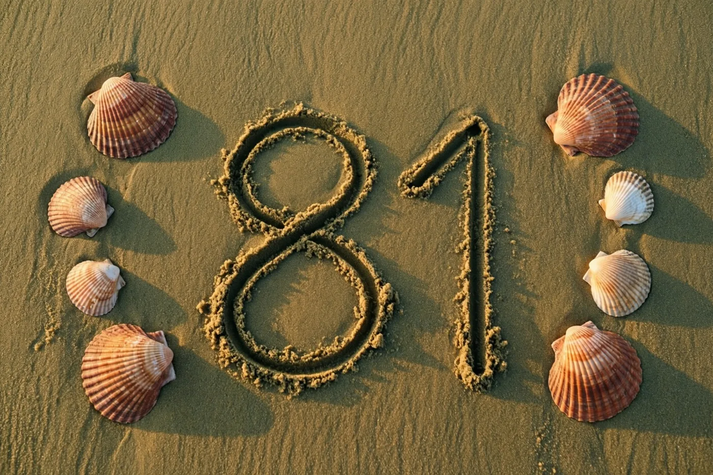 Het getal 81 is in het strandzand getekend tussen schelpen, in warm goudkleurig licht.
