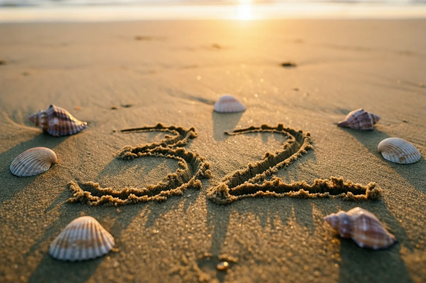 Het getal 32 is in strandzand getekend tussen schelpen, in het warme gouden licht van de zonsondergang met een zacht oplichtende horizon.