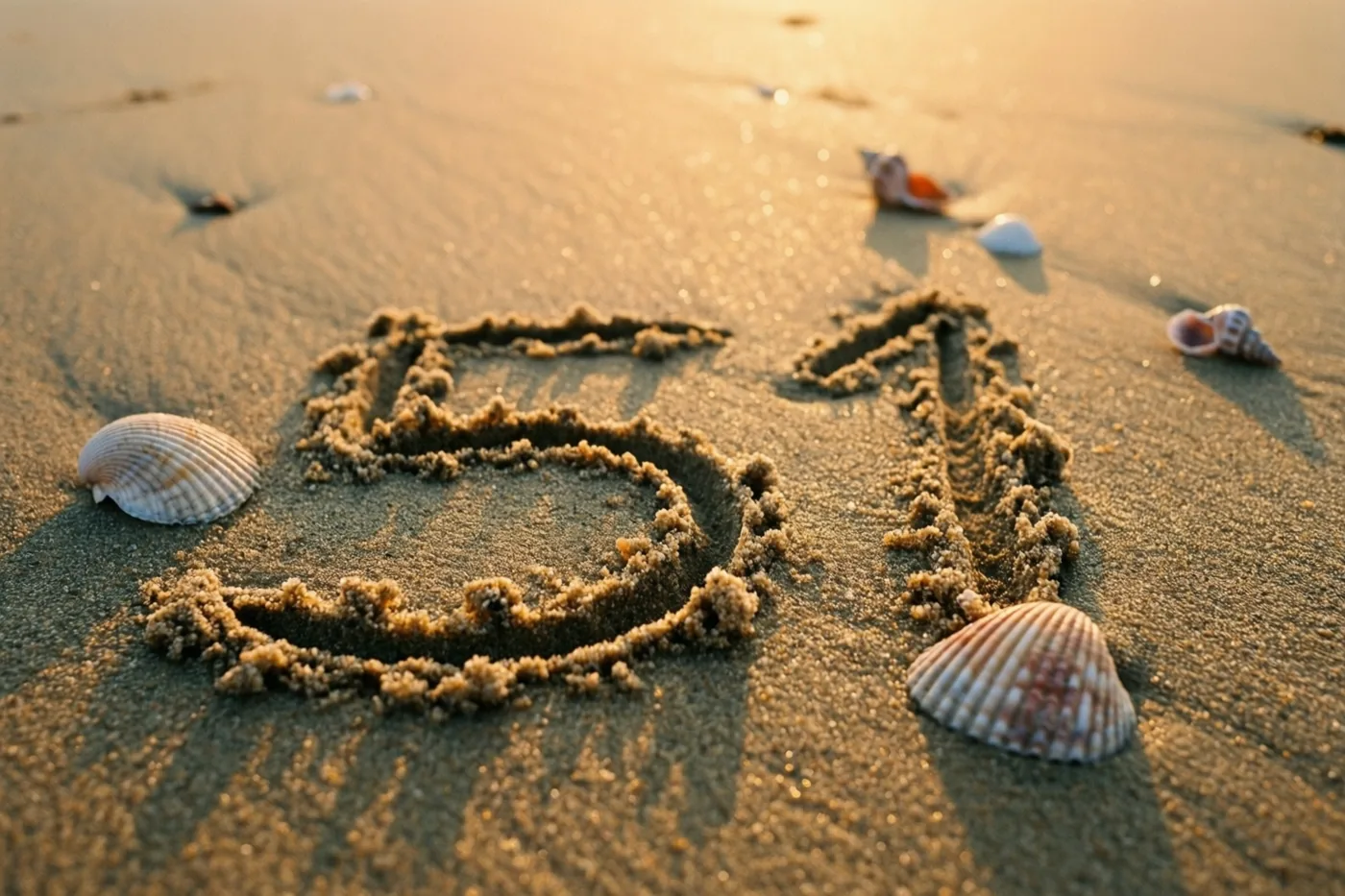 Het getal 51 staat in het zand op een strand bij zonsondergang, omringd door verspreide schelpen in warm gouden licht.