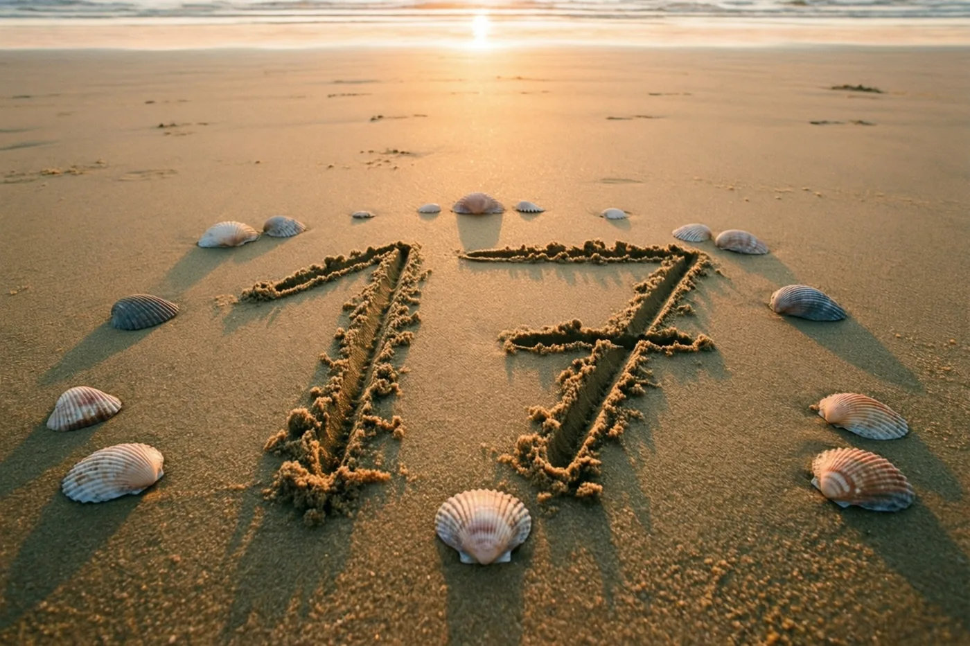 Het getal 17 staat in strandzand getekend tussen schelpen bij een gouden zonsondergang, met een kalme zee op de achtergrond.