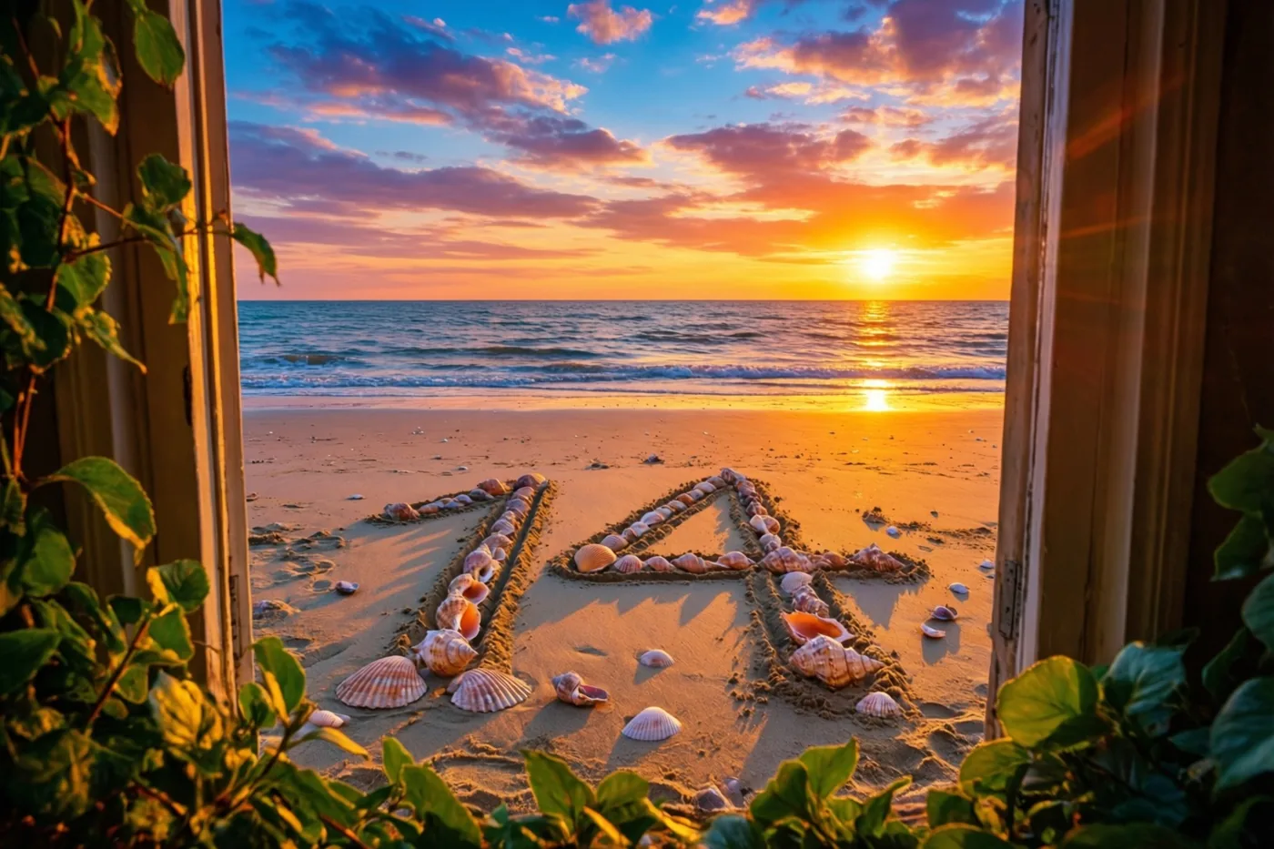 Door een raamachtige opening met groen is het getal 14 in strandzand te zien onder een oranje en roze hemel bij zonsondergang.