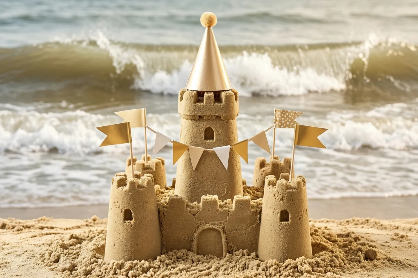 Een zandkasteel met papieren vlaggetjes en een gouden feesthoed staat in warm goudkleurig licht op het strand, met brekende golven erachter.