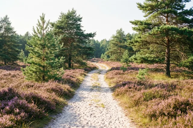 Een zandpad slingert tussen verspreide dennen en bloeiende paarse heide onder een heldere hemel.