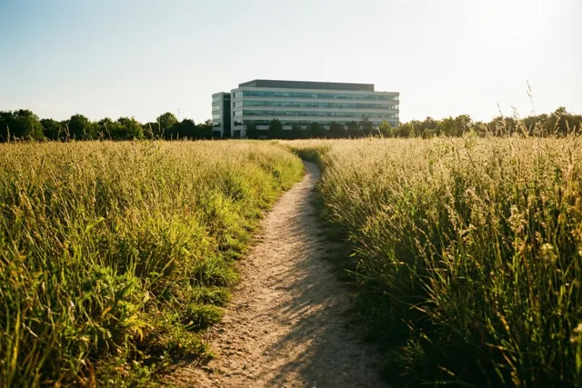 Een kronkelend zandpad loopt door hoog, zonnig gras naar een modern kantoorgebouw onder een heldere blauwe hemel.