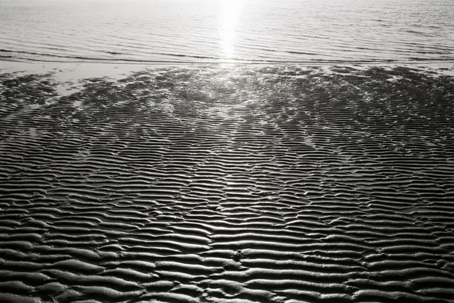 Een zwart-witfoto toont ribbels in nat zand bij eb, met de waterlijn en weerspiegeld zonlicht op de achtergrond.
