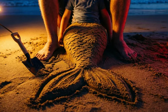 Een kind heeft op het strand zand rond de benen van een vader tot een zeemeerminnenstaart gevormd, met een schopje ernaast in warm licht tegen een donkerblauwe avondachtergrond.