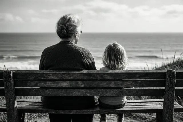 Op een zwart-witfoto zitten een oudere vrouw en een jong kind op een verweerde houten bank met uitzicht op zee.