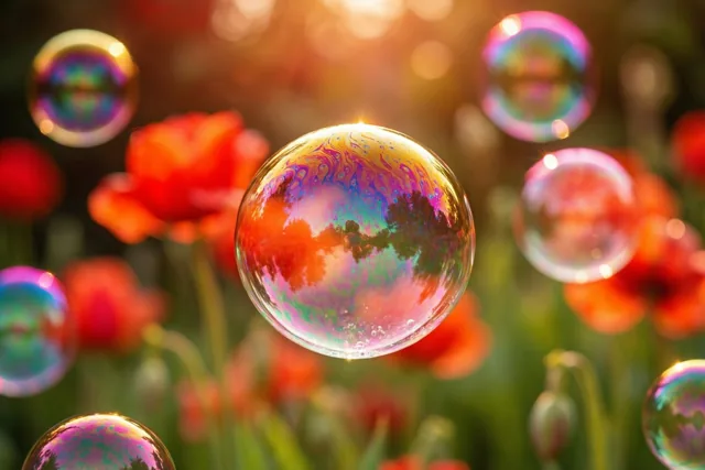 Zeepbellen met iriserende kleuren zweven door een zonnige tuin en weerspiegelen bomen en bloemen, met rode, groene en goudgele tinten.