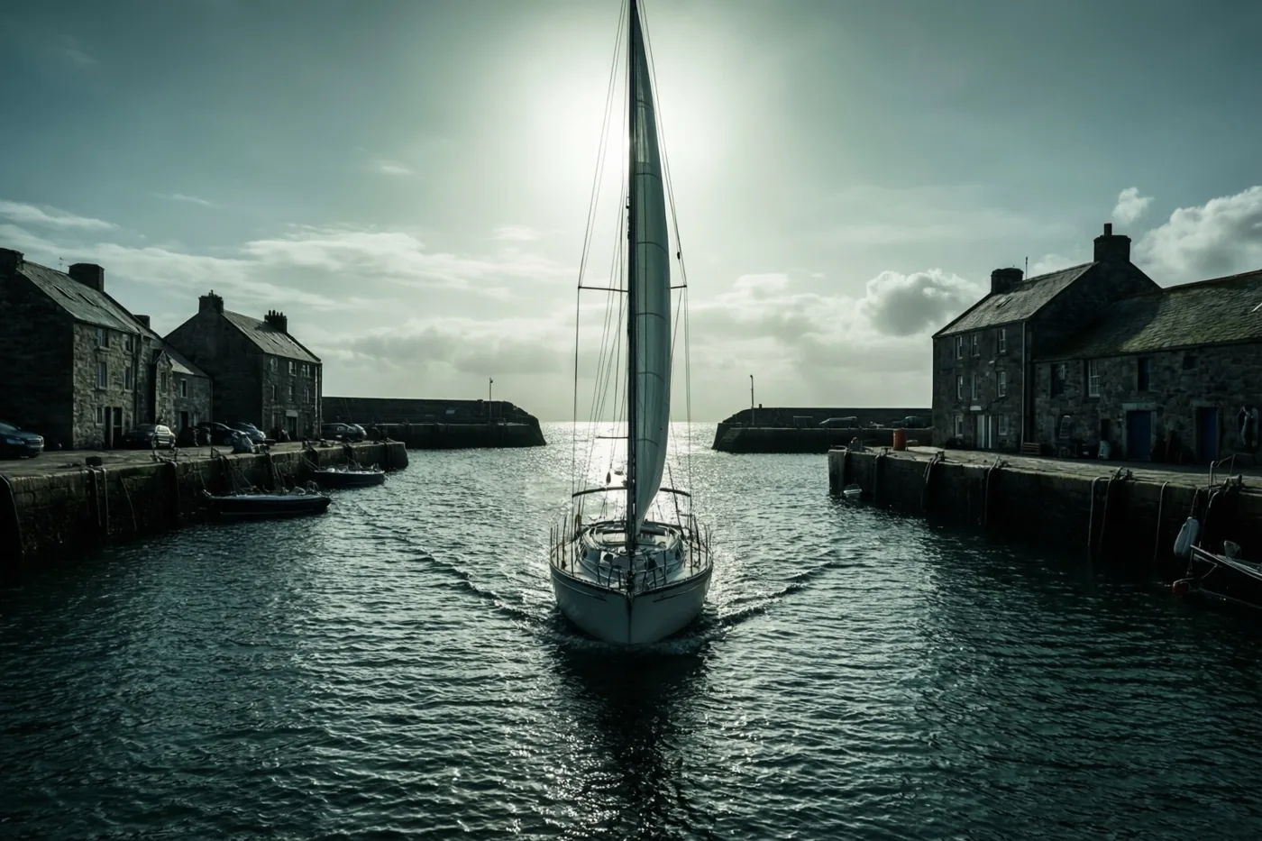 Een zeilboot vaart een stenen haven uit langs traditionele huizen aan de kaai onder een heldere, deels bewolkte hemel.