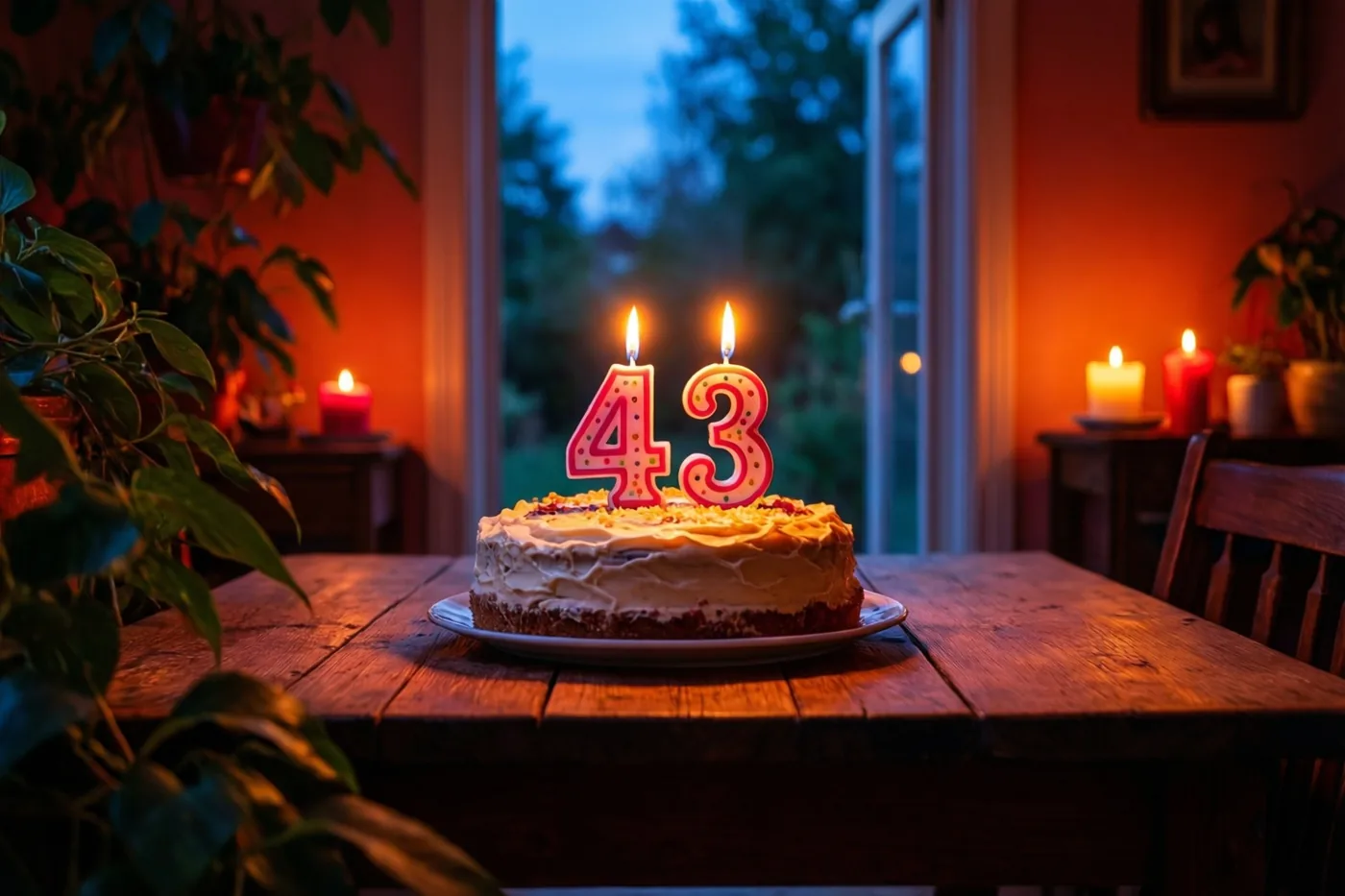Een zelfgemaakte roomtaart met brandende cijferkaarsjes 43 staat op een houten tafel in warm kaarslicht, met koelblauw raamlicht op de achtergrond.