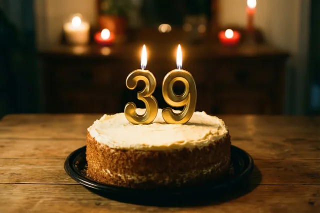 Een zelfgemaakte roomtaart met brandende cijferkaarsjes in de vorm van 39 staat op een houten tafel met warm kaarslicht op de achtergrond.