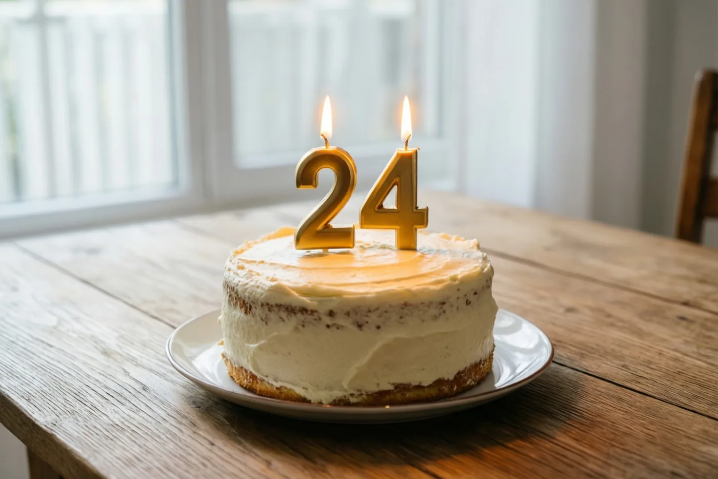 Een zelfgemaakte roomtaart met brandende gouden cijferkaarsjes in de vorm van 24 staat op een houten tafel in warm kaarslicht.