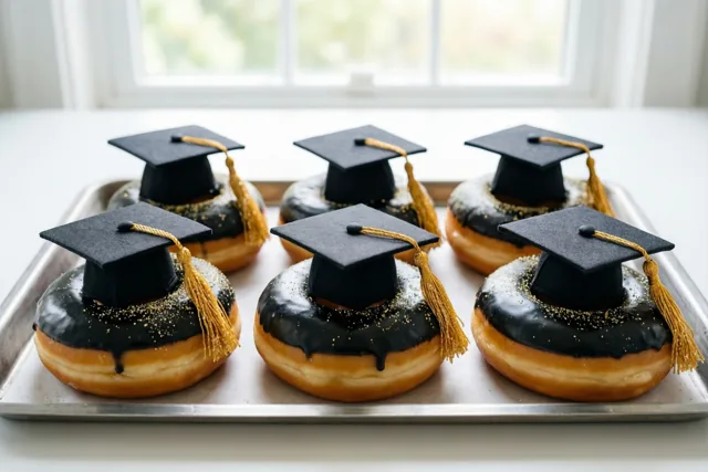 Zes donuts met zwart glazuur, gouden suikerkwastjes en kleine afstudeerhoedjes liggen op een metalen dienblad bij een helder raam tegen een witte achtergrond.
