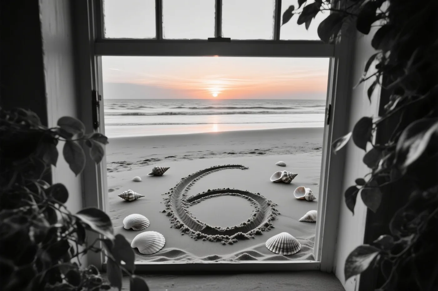 Door een raam met kamerplanten zie je een strand bij zonsondergang, waar een 6 in het zand staat tussen schelpen, met warme kleuren buiten en een monochrome voorgrond.