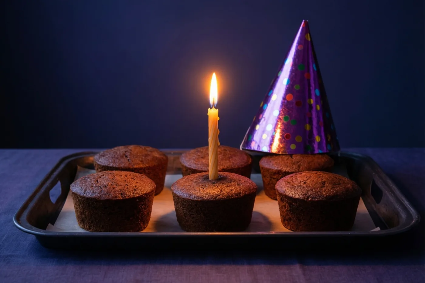 Een dienblad met zes donkerbruine koffiekoeken staat tegen een donkerblauwe achtergrond, met een brandend kaarsje in één koffiekoek en een paars feesthoedje met kleurrijke stippen ernaast.