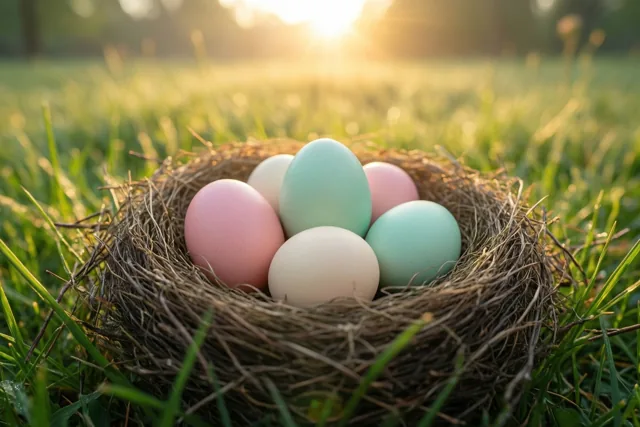 Een nest met zes pastelkleurige eieren ligt in groen gras met de opkomende ochtendzon erachter.