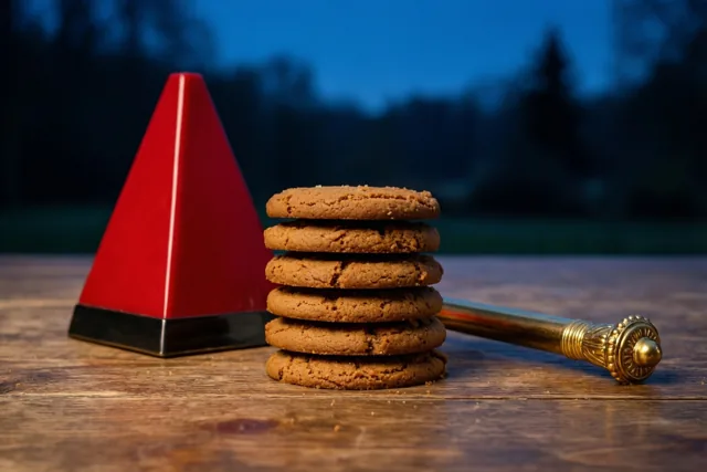 Zes bruine speculaaskoeken liggen opgestapeld op een houten tafel naast een rode mijter en een gouden staf, met onscherpe bomen in blauwe schemering op de achtergrond.