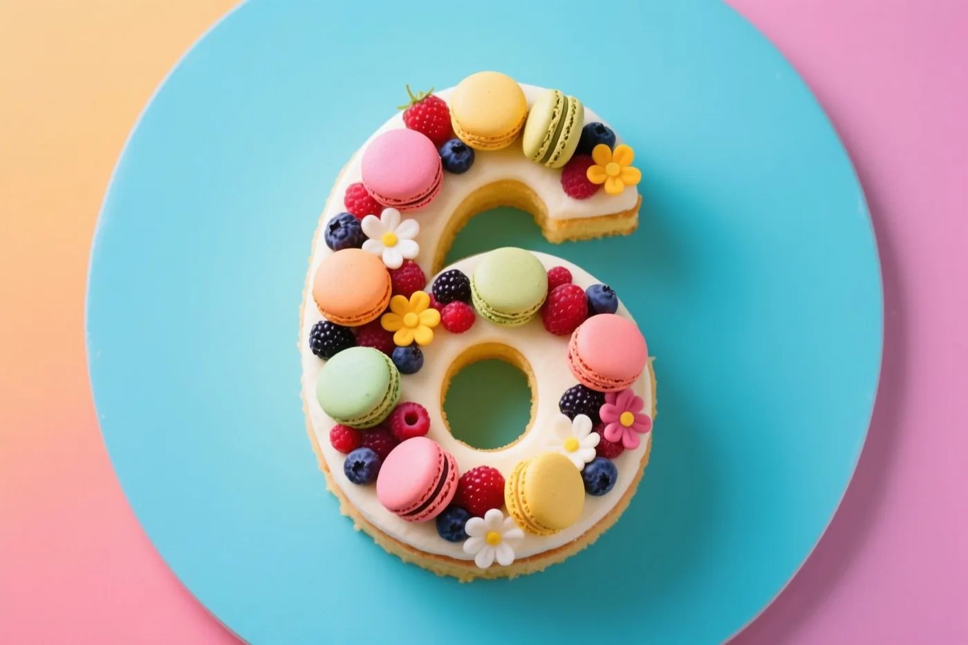 Een taart in de vorm van het cijfer 6 ligt op een blauw bord en is versierd met kleurrijke macarons, bessen en eetbare bloemen tegen een achtergrond in pastelkleuren.