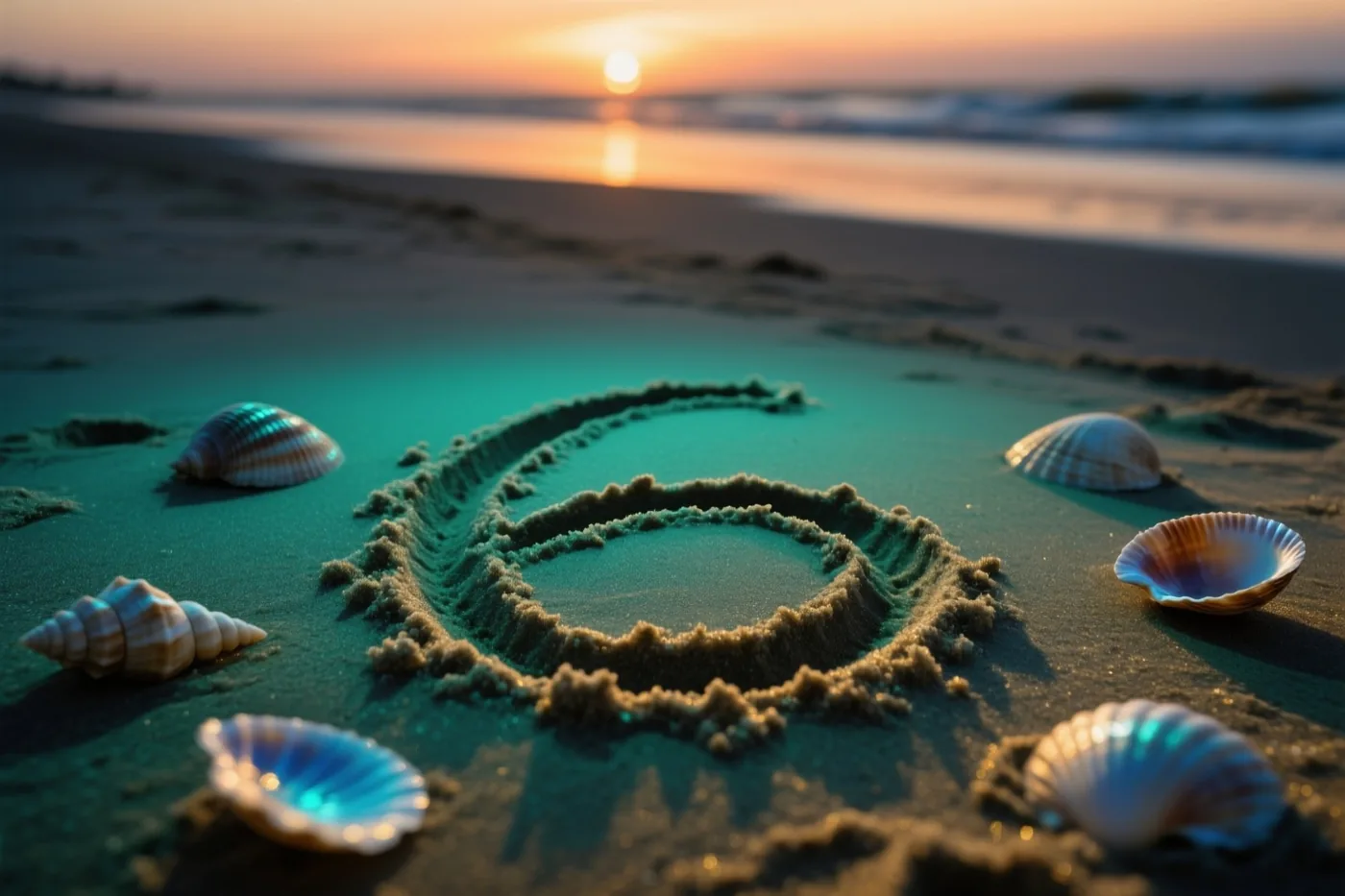 Een 6 staat in het strandzand tussen schelpen bij zonsondergang, in warme oranje en koele blauwgroene tinten.