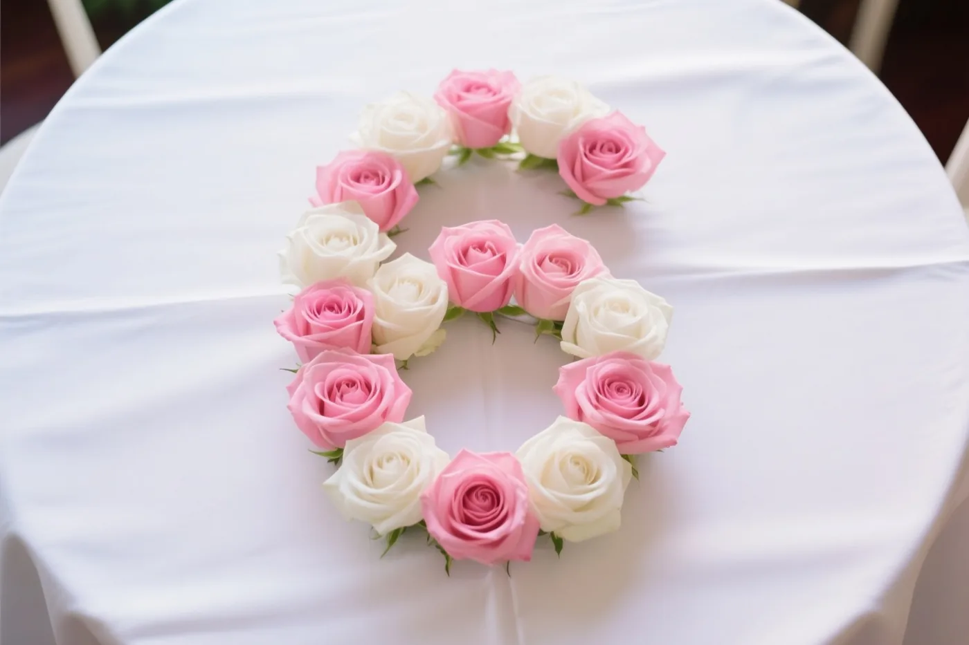 Van bovenaf zie je het cijfer 6 van afwisselend roze en witte rozen op een wit tafellaken.