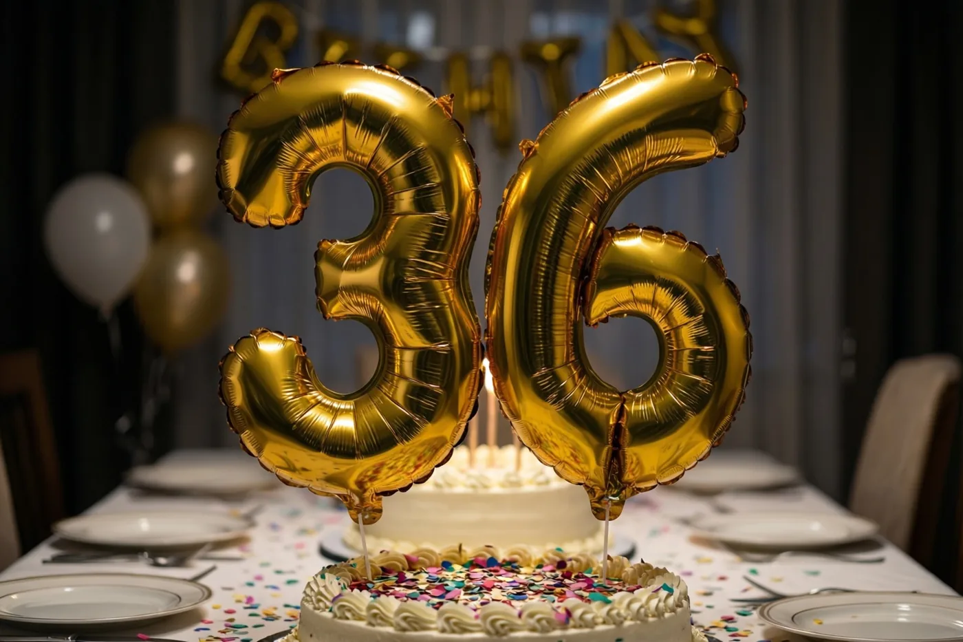 Grote glanzende gouden folieballonnen vormen 36 boven een feesttafel met confetti en een taart in een warm verlichte kamer.