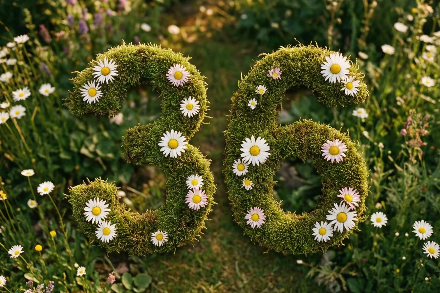 Een met mos bedekt kader vormt het getal 36 en is versierd met witte en roze madeliefjes in een landelijk ingerichte tuin met zacht licht.