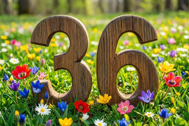 Houten cijfers 36 staan rechtop in een zonnige weide met rode, blauwe, gele en roze lentebloemen.