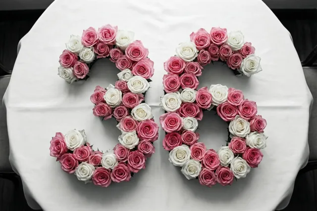 Van bovenaf zie je het getal 36 van roze en witte rozen op een wit tafelkleed.