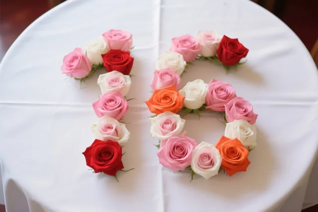 Van bovenaf zijn roze, witte en oranje rozen te zien die het getal 16 vormen op een wit tafelkleed.