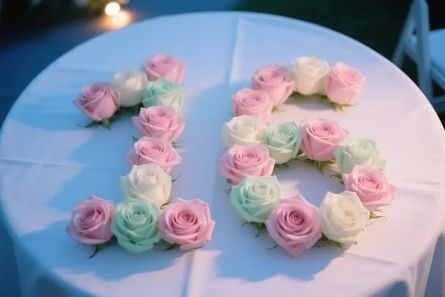 Roze, witte en mintgroene rozen vormen het getal 16 op een wit tafelkleed in zacht licht.