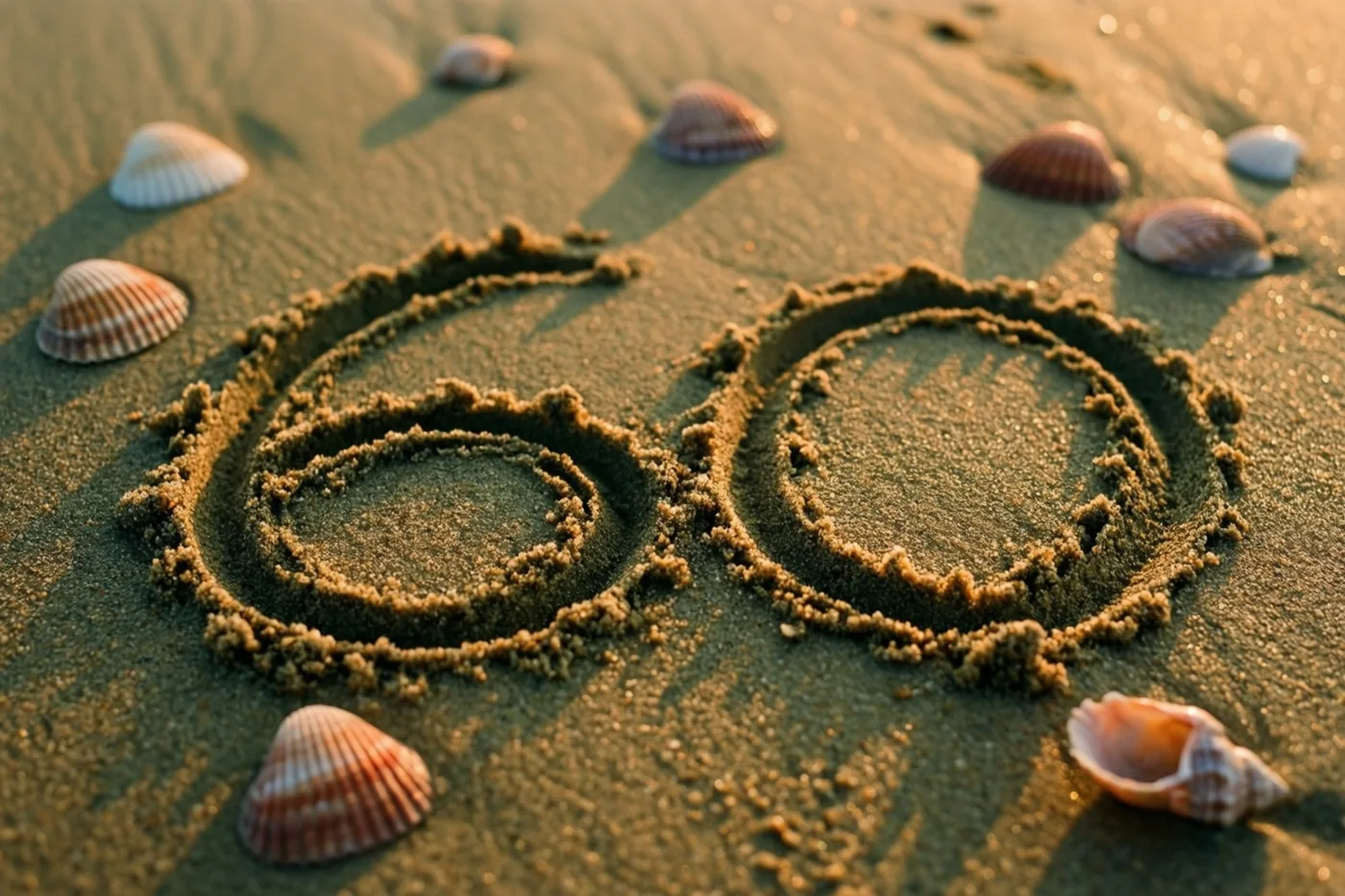 Het getal 60 is in het strandzand getekend tussen verspreide schelpen, in het warme gouden licht van de ondergaande zon.