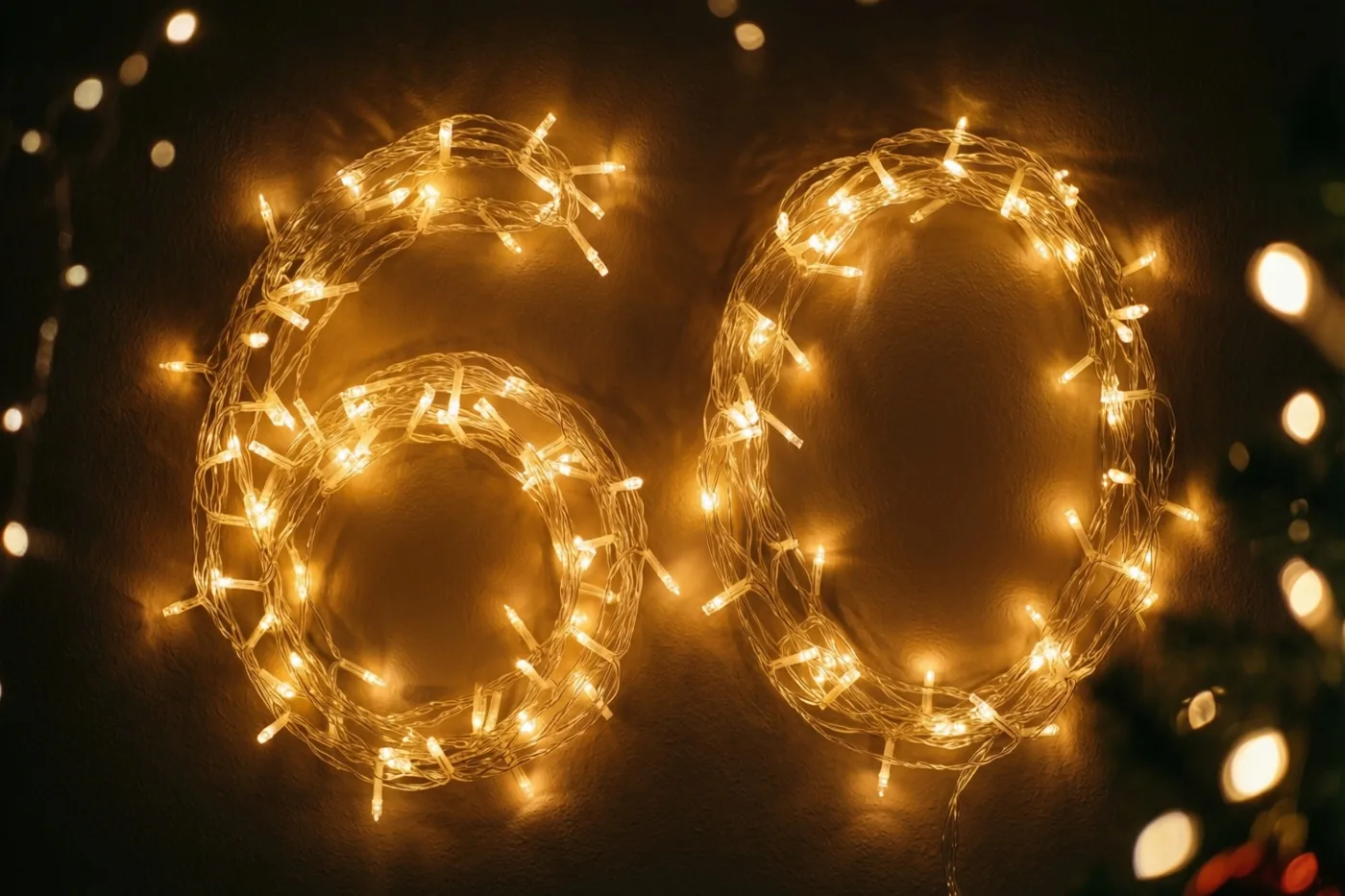 Warme lichtjes vormen het getal 60 tegen een donkere muur, met wazige lichtpuntjes op de achtergrond.