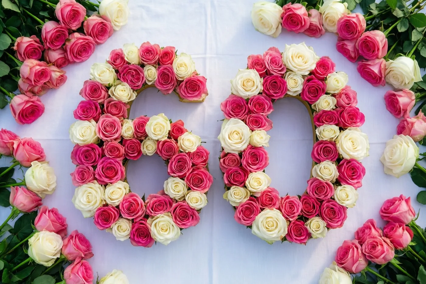 Roze en witte rozen vormen 60 op een wit tafelkleed, gezien van bovenaf.