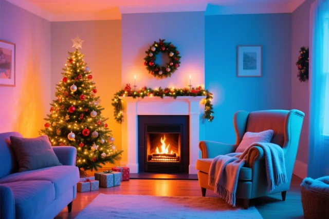 Een warm verlichte woonkamer in blauwe, oranje en rode tinten bevat een kerstboom met lichtjes en versiering, een brandende haard en een zetel met een deken.