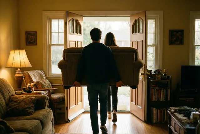 Twee mensen dragen, van achteren gezien, een zetel door een open voordeur naar een warm verlichte woonkamer met een houten vloer en gele muren.