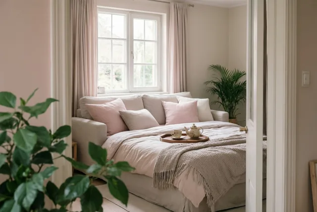 Een zetel is als bed ingericht met kussens, een deken en een dienblad met thee in een woonkamer met zachtroze en beige tinten en daglicht door het raam.