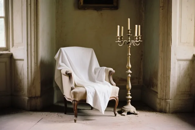 Een oude zetel onder een wit laken staat naast een hoge kandelaar in een stoffige kamer van een verlaten landhuis, in gedempte beige, gebroken witte en grijze tinten.