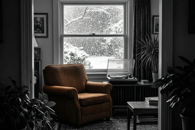 Een bruine zetel staat bij een raam met vallende sneeuw buiten, in een woonkamer uit de jaren zeventig met een platenspeler op een bijzettafel, ingelijste afbeeldingen en potplanten.