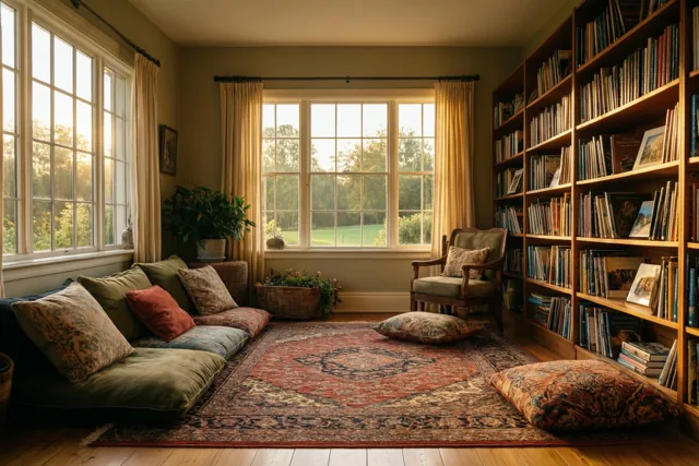 Een lage zetel met kussens staat op een tapijt met een patroon tussen hoge houten boekenkasten, in het warme zonlicht van grote ramen.