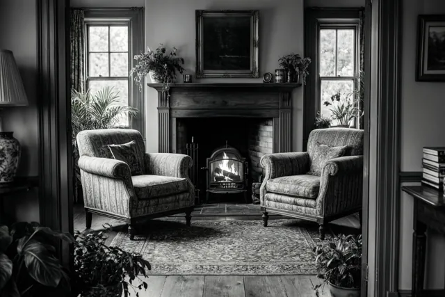 Op een zwart-witfoto staan twee fauteuils met een patroon tegenover elkaar bij een brandende houtkachel in een kamer met planten, ingelijste kunst en ramen.