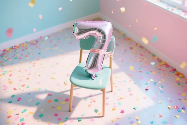 Een glanzende zilveren en pastelroze ballon in de vorm van een 7 hangt aan een lichtblauwe stoel in een helder verlichte kamer met confetti op de vloer en pastelblauwe en roze muren.