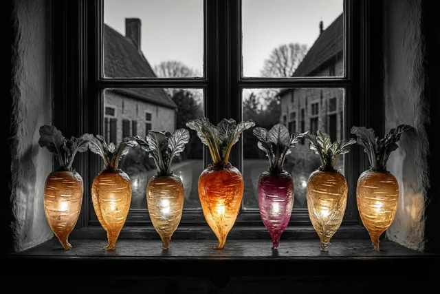 Zeven van binnenuit verlichte suikerbieten staan op een houten vensterbank in een landelijke Vlaamse boerderij, met een zwart-wit uitzicht op traditionele gebouwen bij schemering.