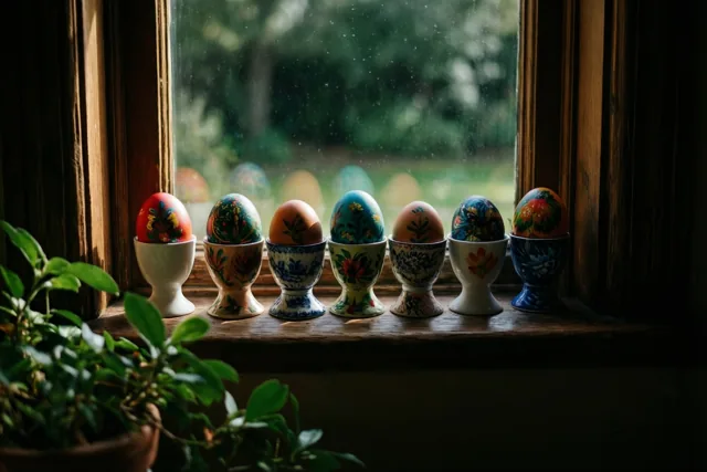 Zeven handbeschilderde eieren staan in verschillende keramieken eierdopjes op een houten vensterbank, met groen op de voorgrond en een wazige tuin buiten.