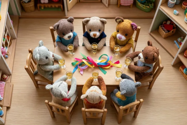Zeven gebreide speelgoeddieren zitten met kleine glaasjes rond een houten poppenhuistafel met kleurrijke slingers, in een miniatuurkamer met planken en meubels.