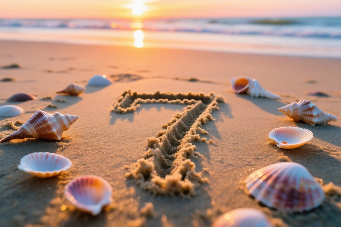 Een 7 is in het strandzand getekend tussen verspreide schelpen, terwijl de zonsondergang boven de zee alles oranje en roze kleurt.