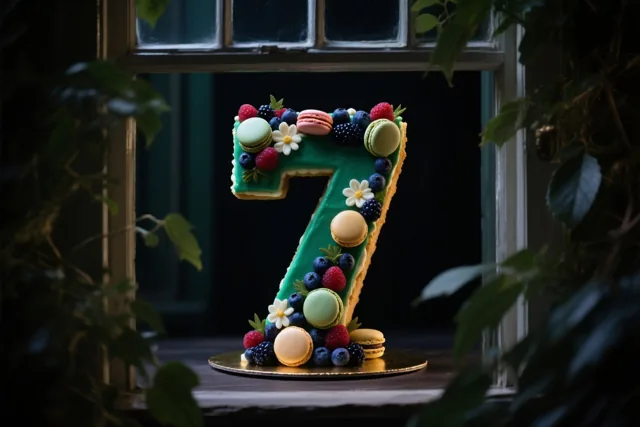 Op een vensterbank staat een taart in de vorm van een 7 met bessen, macarons en eetbare bloemen, omlijst door groen en verlicht door zacht daglicht tegen een donkere achtergrond.