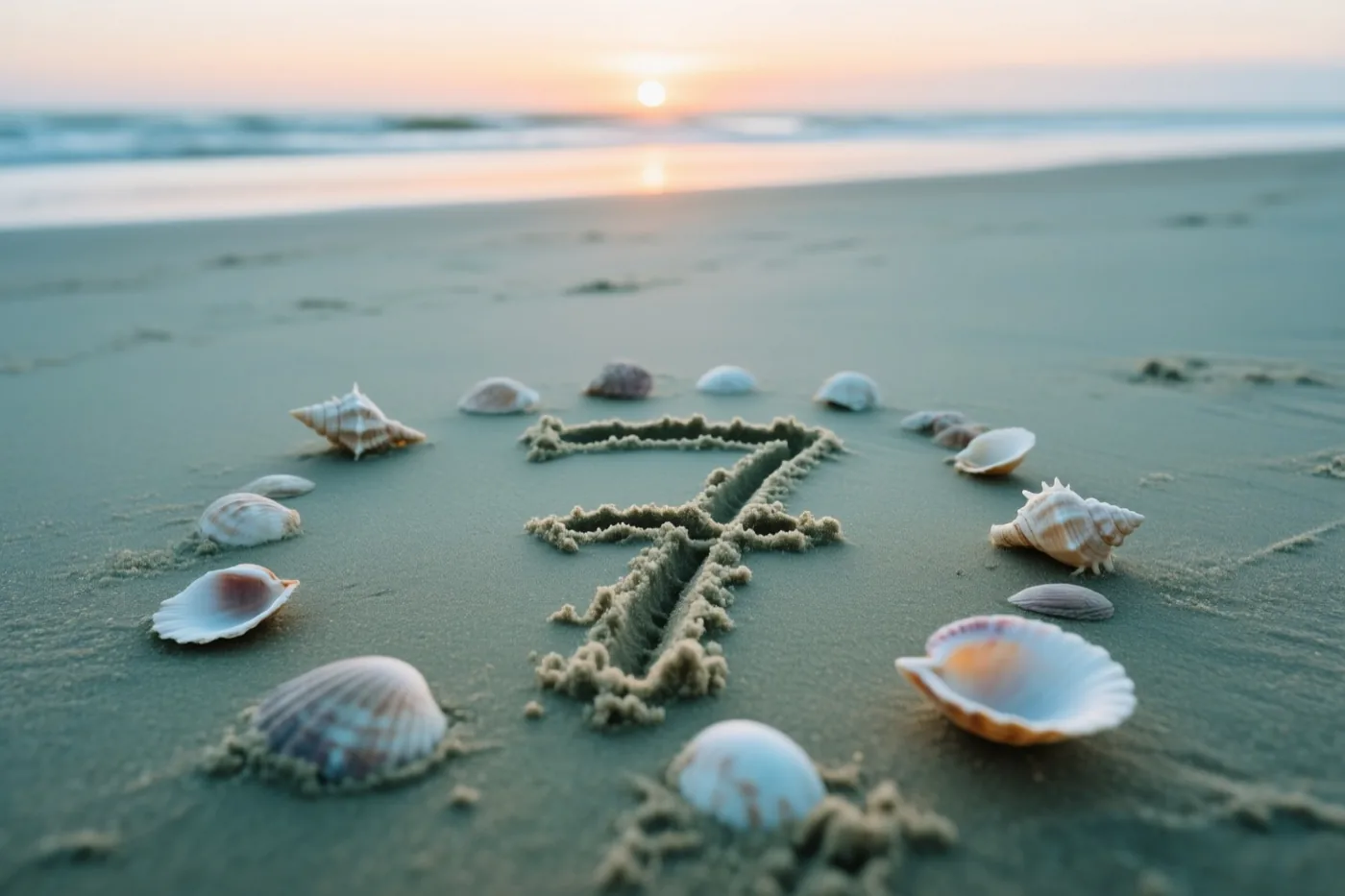 Een 7 staat in het zand op een strand tussen verspreide schelpen bij zonsondergang, in warme oranje en zachte blauwe tinten.